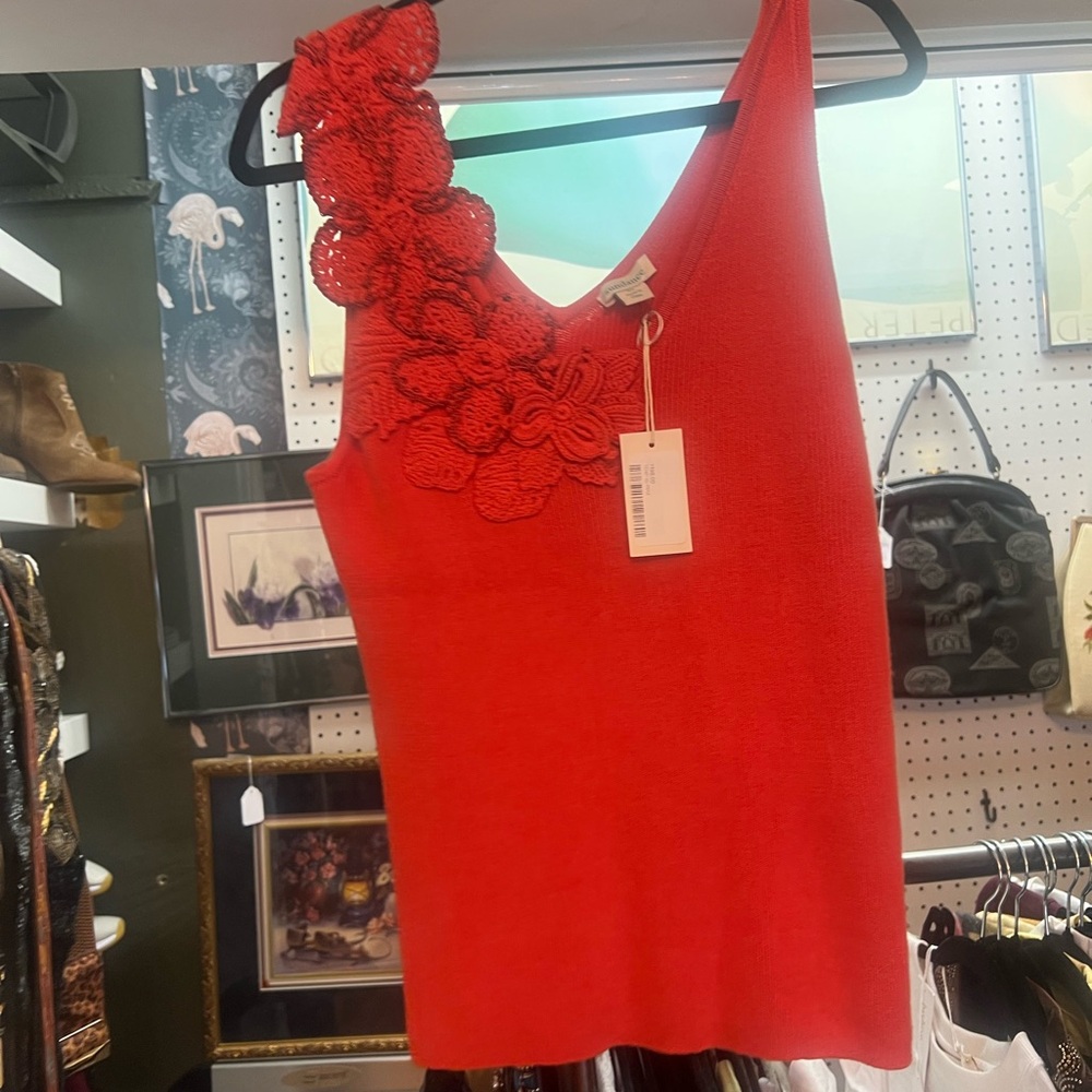 Sundance Red Floral Embellished Tank Top